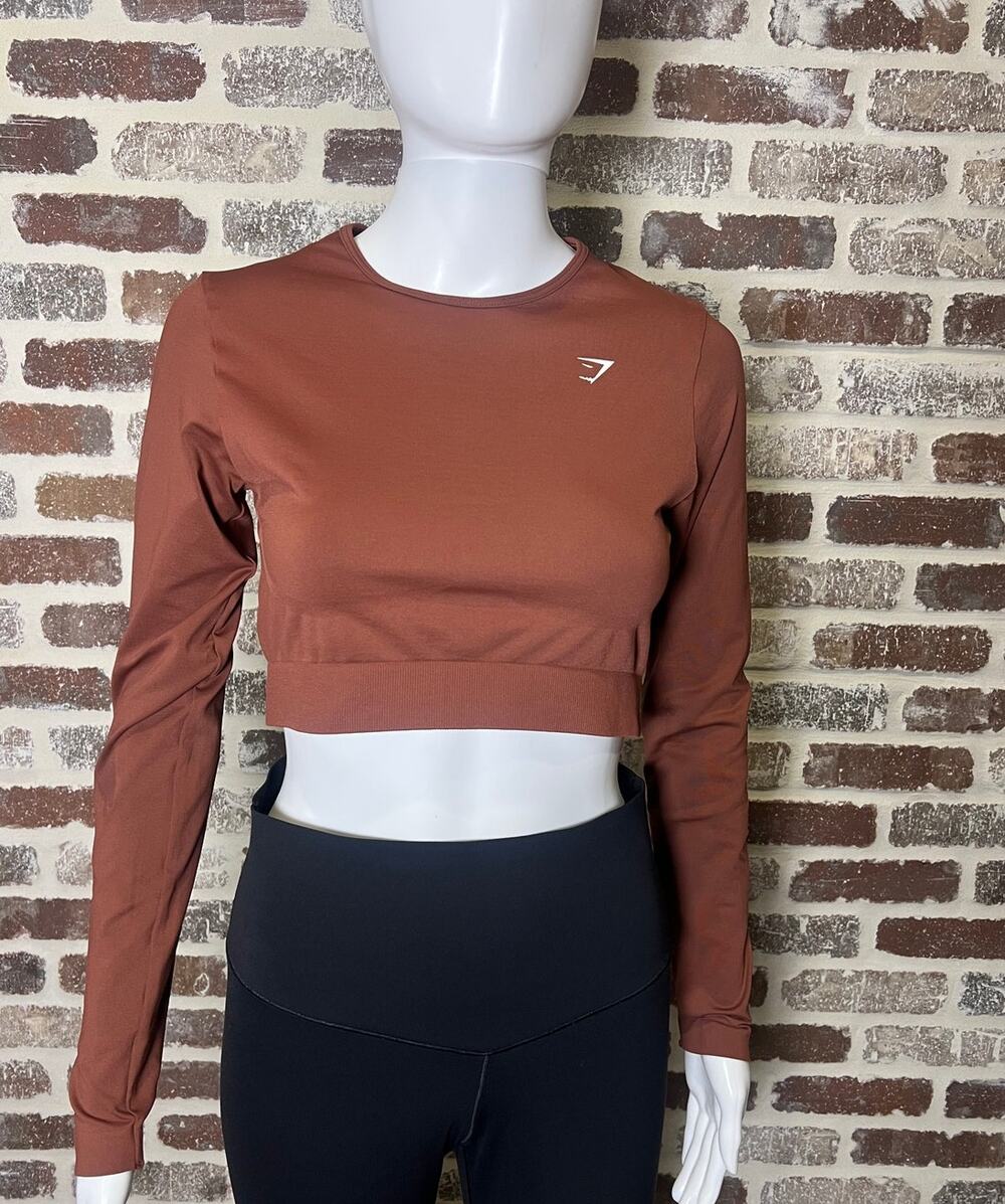 Gymshark Seamless Long Sleeve Crop Body Fit Burgundy Brown Women's Size M